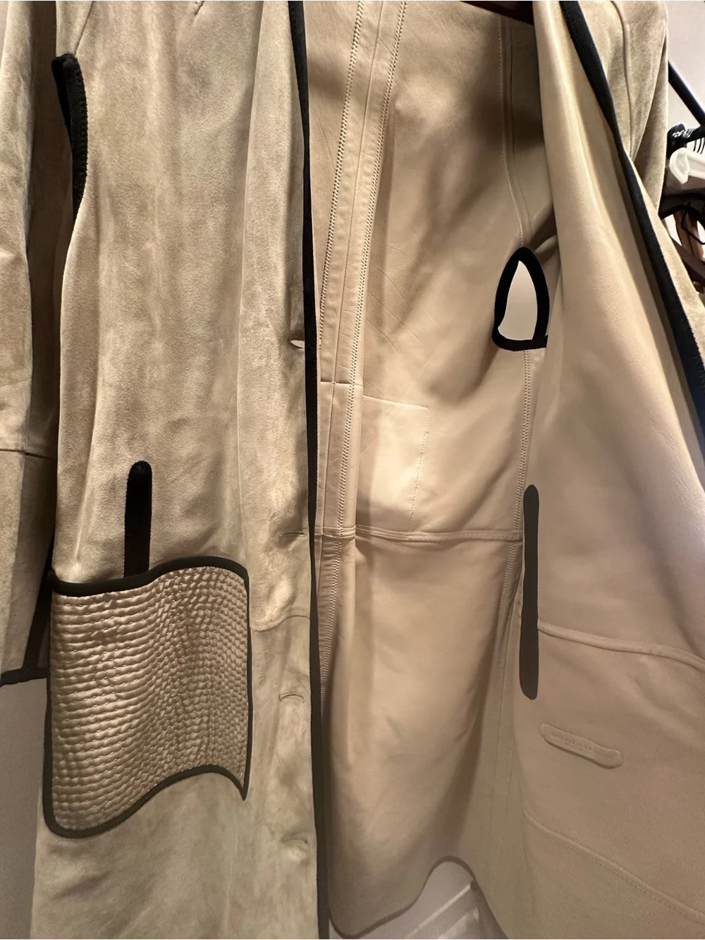 Bottega Veneta Cream Suede Trench Coat with Dark Trim